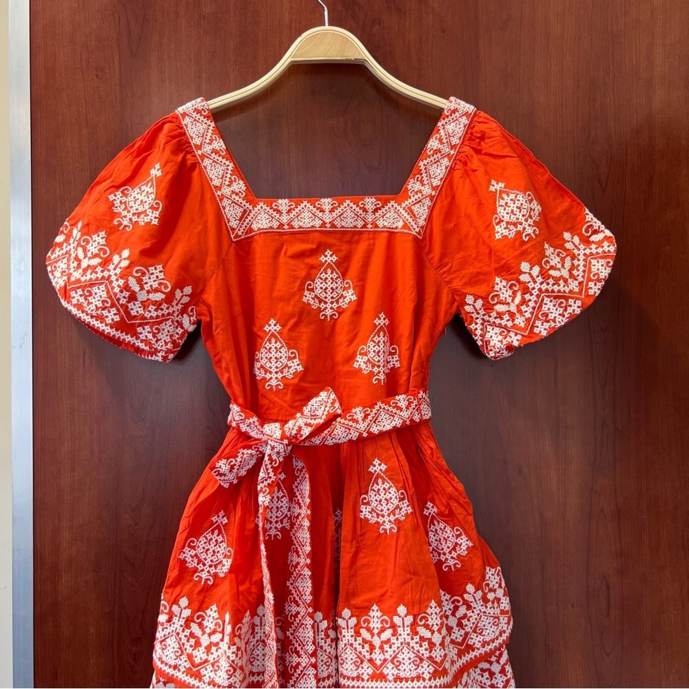New Boden Square Neck Rara Dress in Firecracker New With Tag Size 6 Embroidered - Picture 6 of 16